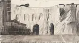 Christo, THE WALL (PROJECT FOR A WRAPPED ROMAN WALL), 1974, Grafit, Farbkreide, Bleistift und Kohle auf Velin