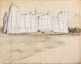 Christo, WRAPPED REICHSTAG (PROJECT FOR WEST BERLIN), 1973, Collage mit Stoff, Draht, Tackernadeln, Bleistift, Farbstift und Deckweiß auf Karton, im originalen Acrylglasrahmen