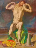 Werner Tübke, Sitzender männlicher Akt, 1966, Mischtechnik auf Leinwand auf Holz
