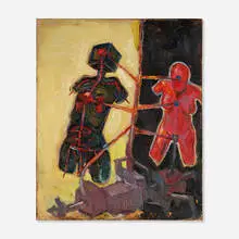 Chuck Connelly, Man and Woman Connected to Machine, 1984, oil on burlap