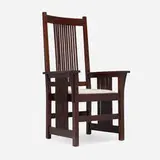 Spindle armchair, model 376 by Gustav Stickley, c. 1907, oak, canvas, leather, sold Dec 2025