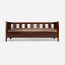 Gustav Stickley, Even-arm spindle settle, model 291, c. 1907, oak, leather