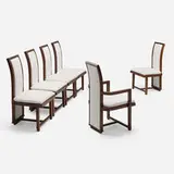 Frank Lloyd Wright, Dining chairs, set of six, c. 1955, mahogany, upholstery