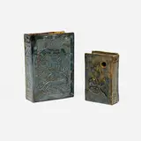 George E. Ohr, Album flask and novelty book inkwell, glazed earthenware