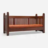 Early settle, model 743 by L. & J.G. Stickley from the Onondaga Shops, c. 1907, oak, leather, sold Oct 2025