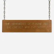 Roycroft, The Ornaments of a Home Are the Friends Who Frequent It hanging motto sign, c. 1910, oak, handwrought copper