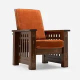 Inlaid Mission Morris chair, model 333 by Shop of the Crafters, c. 1906, oak, corduroy upholstery, marquetry, brass, sold Oct 2025