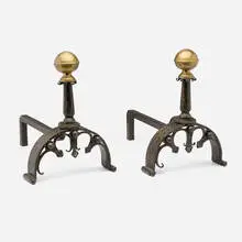 Samuel Yellin, Early andirons, pair, c. 1915, patinated forged iron with highly polished wax finish, brass