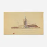 Frank Lloyd Wright, Elevation of Entrance for Pilgrim Congregational Church, Redding, California, c. 1958, print with hand-coloring on paper