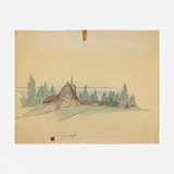 Frank Lloyd Wright, Perspective for the Pilgrim Congregational Church, Redding, California, c. 1958, print with hand-coloring on paper