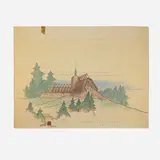 Frank Lloyd Wright, Perspective for the Pilgrim Congregational Church, Redding, California, c. 1958, print with hand-coloring on paper