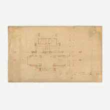 Frank Lloyd Wright, Plan drawing for the E.P. Irving House, Decatur, Illinois, 1909, pencil and watercolor on paper