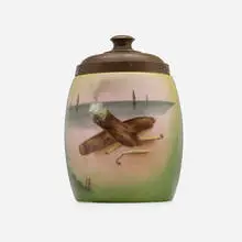 Handel Ware tobacco jar by Handel, c. 1905, obverse-painted milk glass, brass, sold Oct 2025
