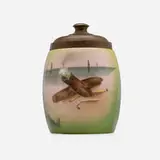 Handel, Handel Ware tobacco jar, c. 1905, obverse-painted milk glass, brass