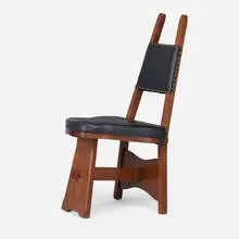 Early Dutch chair, model 79 by Limbert, c. 1905, oak, leather upholstery, tacks, sold Oct 2025