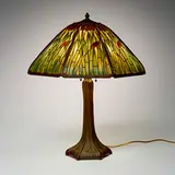 Handel, Cattail overlay table lamp, c. 1915, painted slag glass, patinated metal