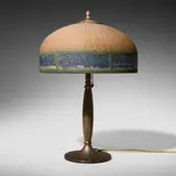 Handel, Teroma table lamp with paneled coastal winter landscapes, c. 1920, reverse-painted Chipped Ice glass, bronzed metal