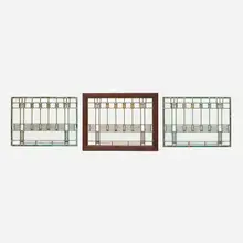 Frank Lloyd Wright, Windows from the Ward W. Willits House, Highland Park, Illinois, set of three, c. 1901, clear and white opalescent glass, gold leaf, copper-plated zinc came