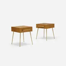 nightstands, pair by T. H. Robsjohn-Gibbings, 1953, bleached walnut, brass, cane, sold Jul 2017