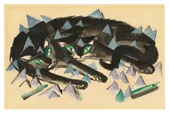 Zwei liegende schwarze Katzen by Franz Marc, 1913, Aquarell auf festem Papier (Postkarte an Erich Heckel), sold Nov 2017