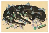 Franz Marc, Zwei liegende schwarze Katzen, 1913, Aquarell auf festem Papier (Postkarte an Erich Heckel)