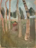 Paula Modersohn-Becker, Birkenstämme mit schaukelndem Kind, Um 1903, Tempera auf Pappe, auf Hartfaser aufgezogen