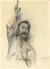 Lovis Corinth, Selbstbildnis mit Strick um den Hals, 1905, Kreide und farbige Kreide, weiß gehöht, auf Papier