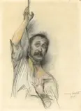Lovis Corinth, Selbstbildnis mit Strick um den Hals, 1905, Kreide und farbige Kreide, weiß gehöht, auf Papier