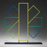 Richard Anuszkiewicz, Yellow, Blue and Green Star, 1991, welded stainless steel sculpture, polychromed