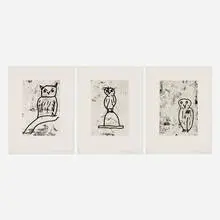 Donald Baechler, Three works from the Owls portfolio, 1992, aquatint, photo-etching and open-bite etching on Somerset
