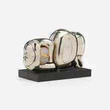 Mini Zoraida by Miguel Berrocal, 1969-1970, nickel-plated zamak, brass ring with moonstone, acrylic, sold Jun 2023