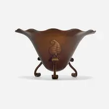 Marie Zimmermann, Footed flared bowl with leaves, c. 1925, handwrought and patinated copper