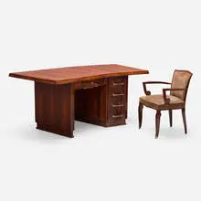Desk by Jules Leleu, c. 1946, rosewood, suede upholstery, chrome-plated brass, sold Jun 2025