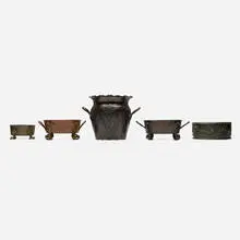 Benedict Studios, Collection of five works, c. 1910, handwrought copper, handwrought brass