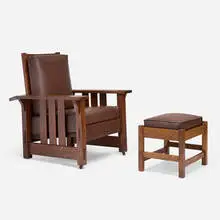 Morris chair, model 631 1/2 by Stickley Brothers, c. 1910, oak, leather, sold Jun 2025