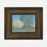 Scenic Vellum plaque with trees and lake by Lenore Asbury for Rookwood Pottery, 1926, glazed earthenware, original frame, sold Jun 2025