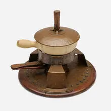 Gustav Stickley, Chafing dish stand, model 352, c. 1905, handwrought copper, terracotta, oak