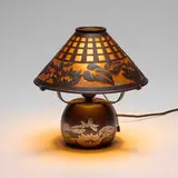 Water Lily overlay desk lamp by Heintz Art Metal Shop, c. 1915, bronze, sterling silver, mica, sold Jun 2025