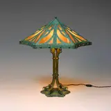 Bradley & Hubbard, Overlay table lamp, c. 1915, patinated iron, slag glass
