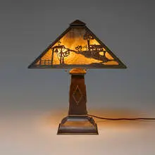 Limbert, Rare scenic overlay table lamp, c. 1910, copper, brass, slag glass