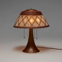 Table lamp, model 56 by Gustav Stickley, c. 1910, handwrought copper, wicker and silk shade, sold Jun 2025