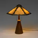 Table lamp by Stickley Brothers, c. 1913, handwrought copper, slag glass, sold Jun 2025