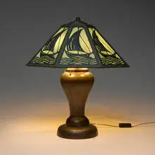 Limbert, Sailboat overlay table lamp, c. 1910, handwrought copper, brass, slag glass