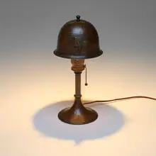 Roycroft, Helmet table lamp with birds-of-paradise, model 906, c. 1920, handwrought copper