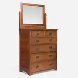 Dresser with mirror by L. & J.G. Stickley from the Onondaga Shops, c. 1902, oak, brass, mirrored glass, sold Jun 2025