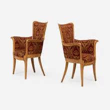Eugène Gaillard, Armchairs, pair, c. 1911, pearwood, Fortuny silk upholstery