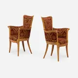 Eugène Gaillard, Armchairs, pair, c. 1911, pearwood, Fortuny silk upholstery
