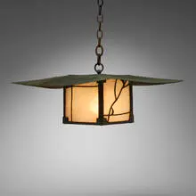 Greene & Greene, Rare and Important hanging lantern from the Jennie A. Reeve House, Long Beach, California, c. 1904, patinated metal, leaded opalescent glass