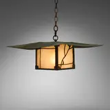 Greene & Greene, Rare and Important hanging lantern from the Jennie A. Reeve House, Long Beach, California, c. 1904, patinated metal, leaded opalescent glass