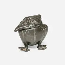 Jugendstil grotesque bird novelty inkwell by Joseph Reinemann, c. 1900, pewter over glazed porcelain, sold Jun 2025
